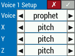 voice setup menu with multiple control axes set to control same effect