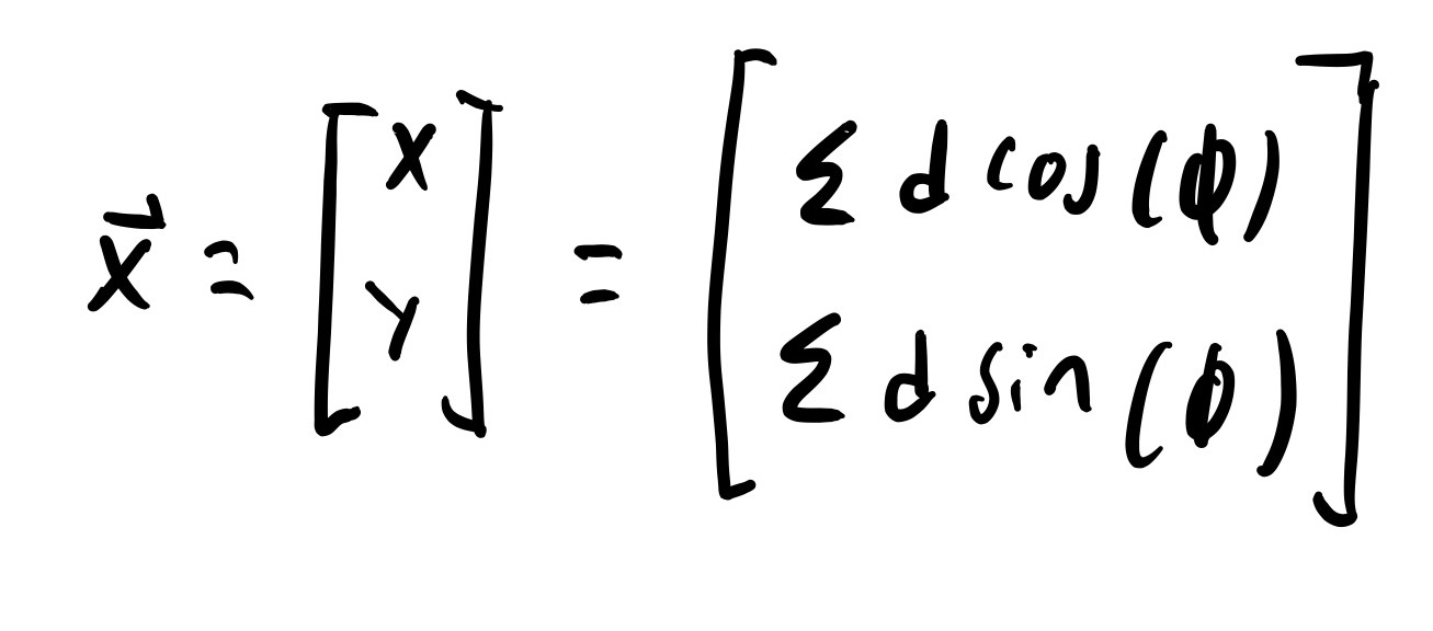 x=sum of d*cos(phi), y= sum of d*sin(phi)