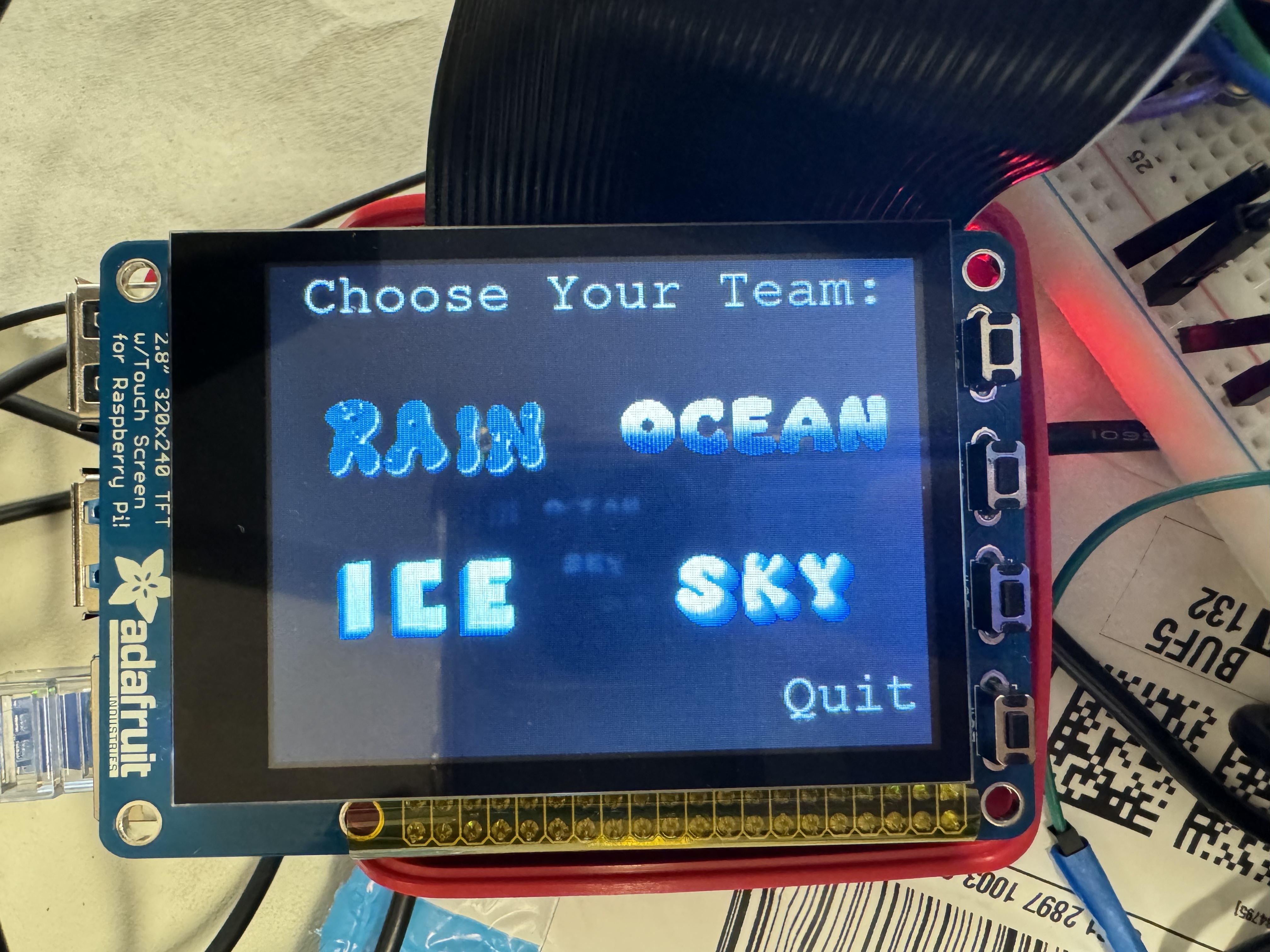 Choose team screen with ice, rain, ocean, and sky buttons