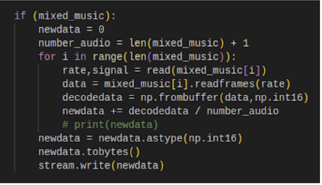 Figure 12: The tested method before the final method of audio playback. This method decoded the WAV file and then allowed the team to control the volume of each file to overlay each file on one another.
                