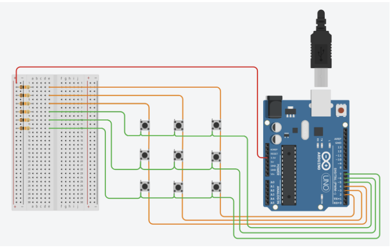 Figure 4: Wiring Diagram of a 3x3 button matrix. Each row and column are connected in series, with a 3.3V source and 10kOhm pull-up resistor.